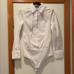 Zara Classic White Button Down Bodysuit Shirt with shoulder pad